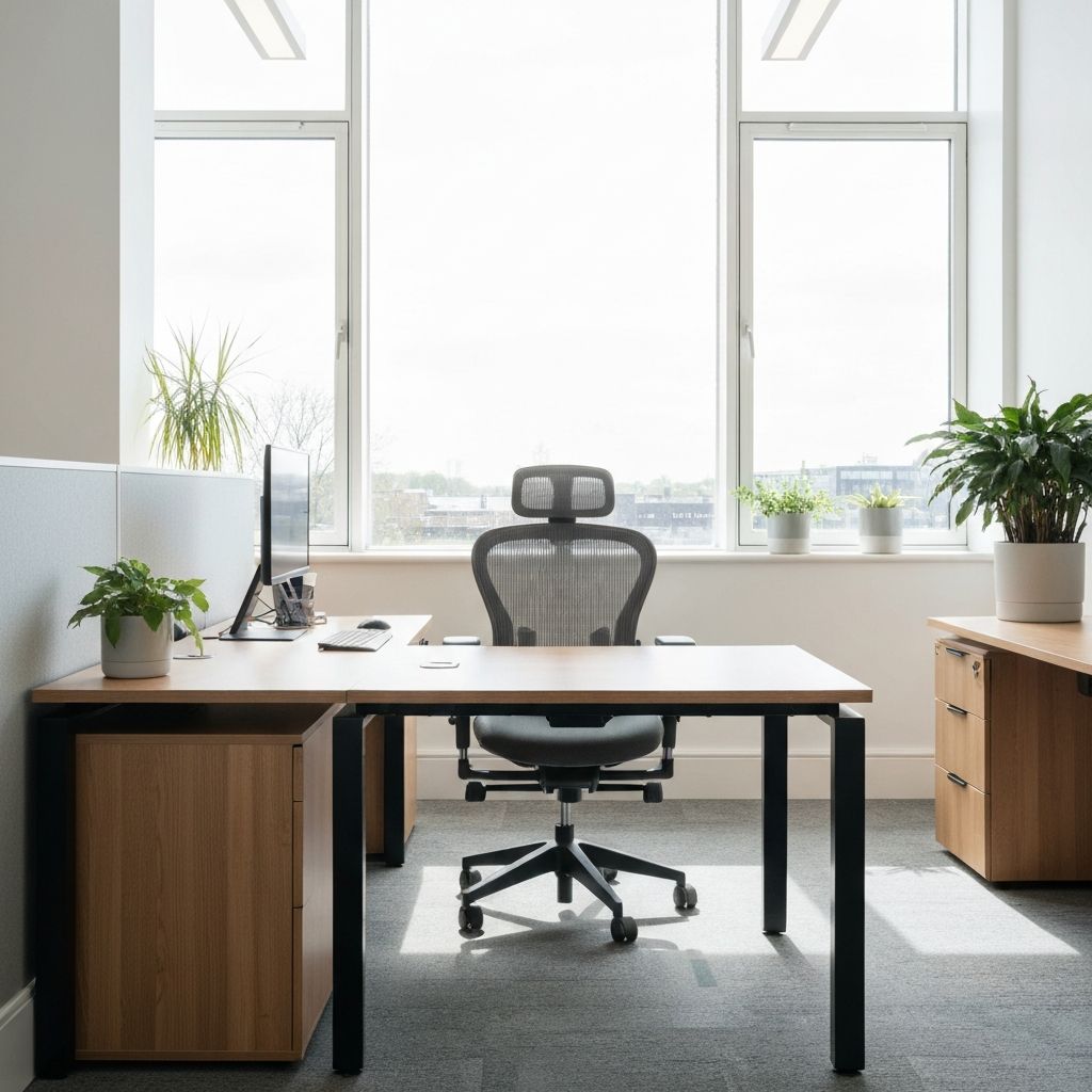 Modern office workspace with natural lighting and plants