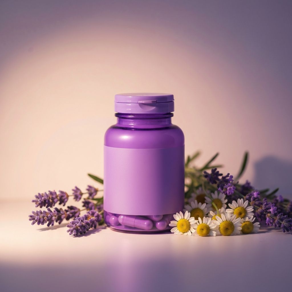 Serenity capsule box with calming herbs and evening ambient lighting