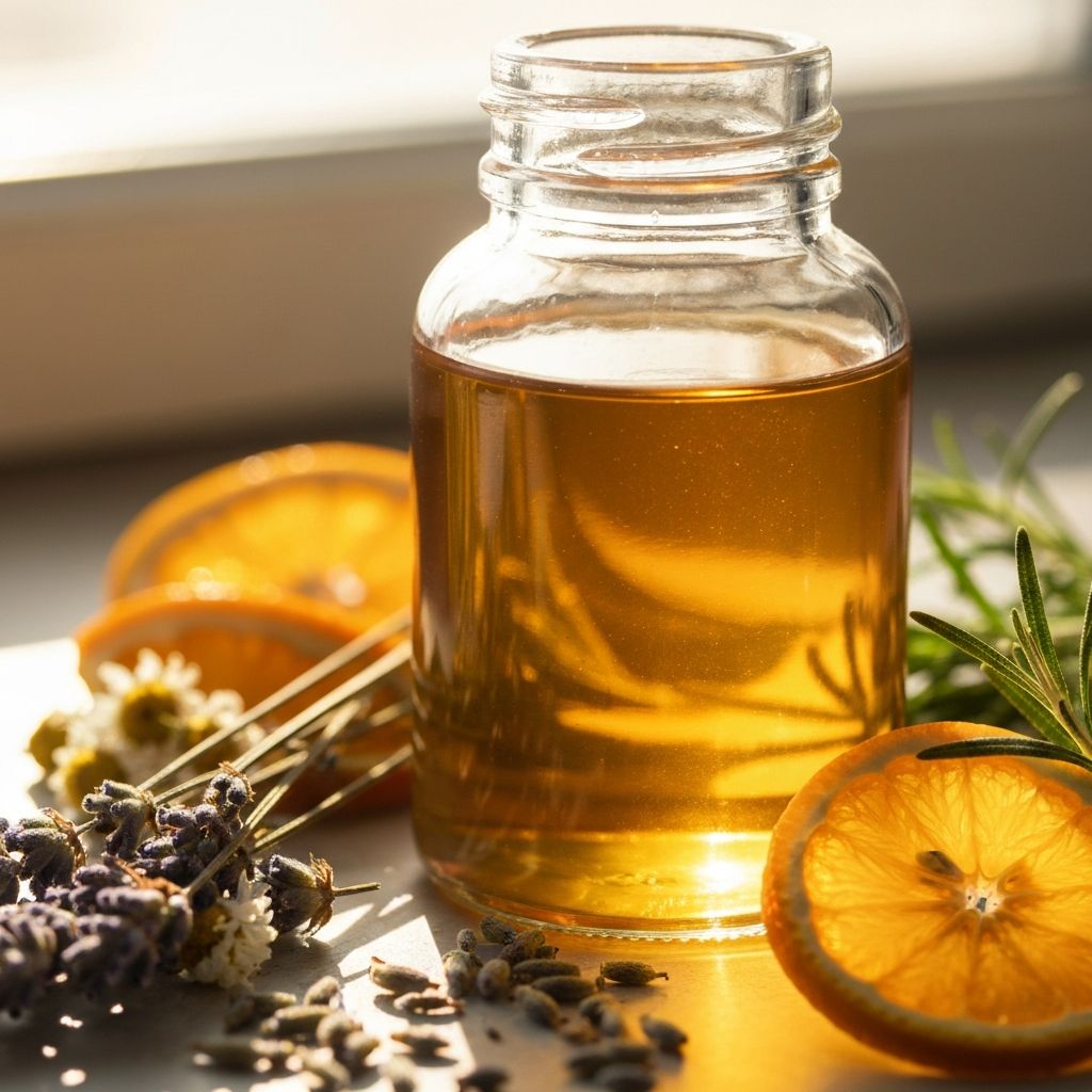 Vigor tonic liquid in glass bottle with fresh botanicals and morning dew